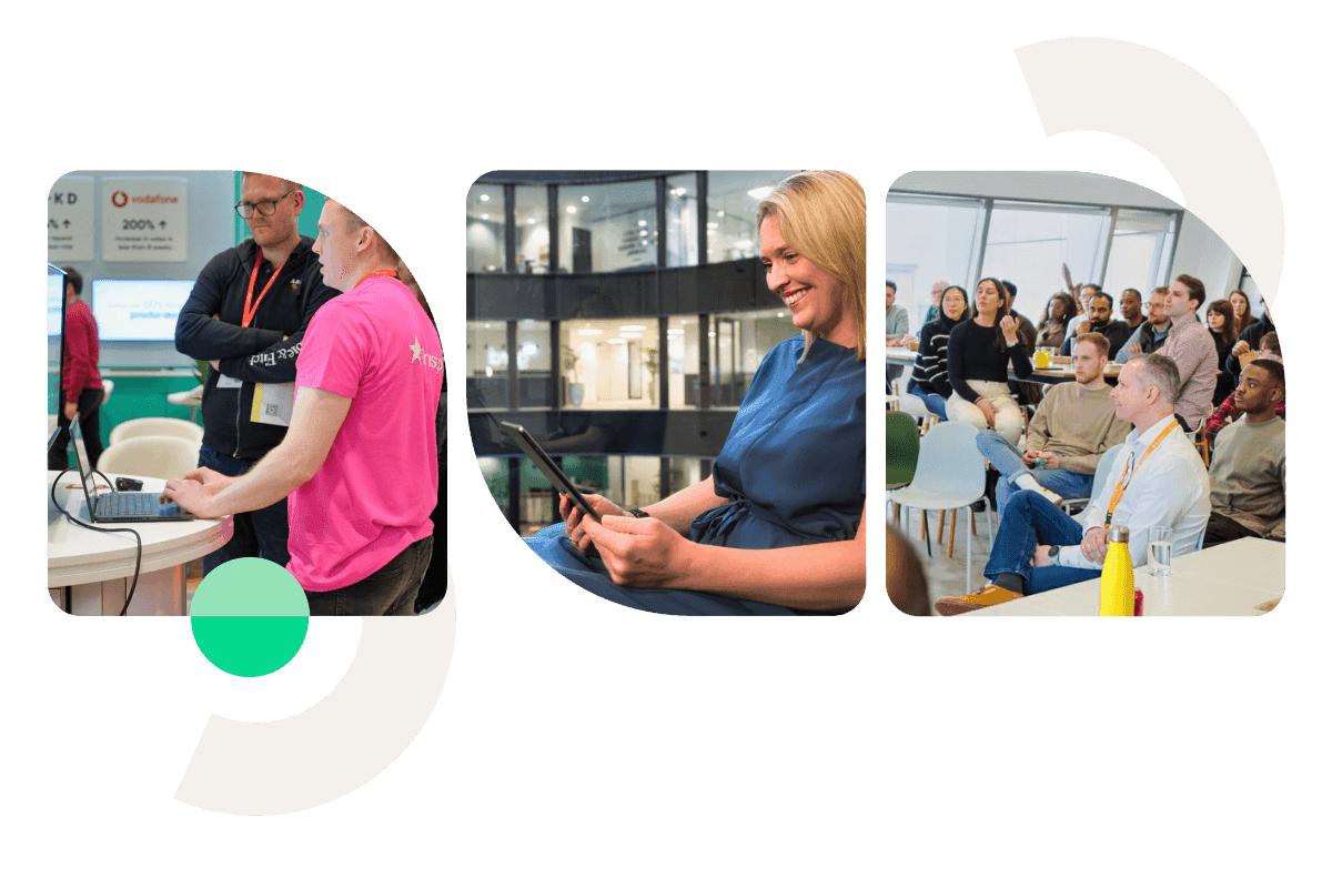 Three photos showing collaborative work and presentations in a modern office environment, overlaid with abstract design elements.