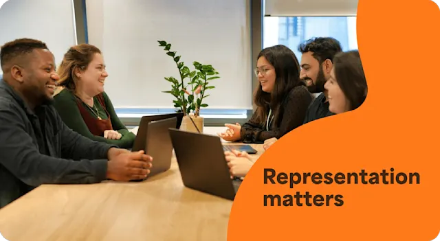 A photo of a diverse team of employees collaborating in the office. It has a text overlay that says Representation matters.