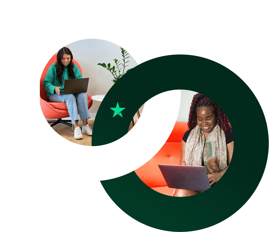 A graphic of two intertwining circles, each showing a photo of a woman working on her laptop and smiling