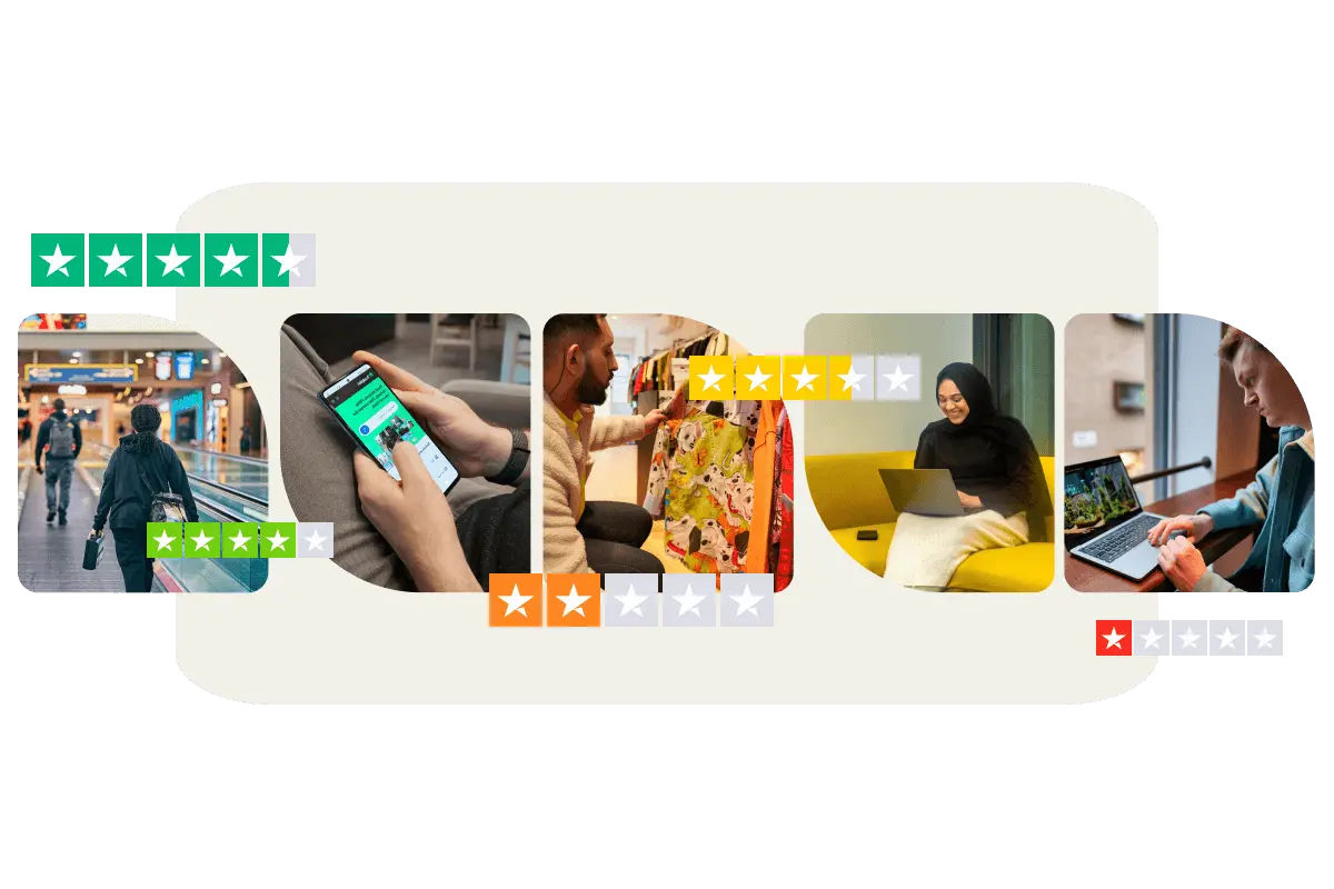 A collage of customer experiences showing people interacting with services, shopping, and using devices, overlaid with various star ratings from positive green to mixed yellow and negative red